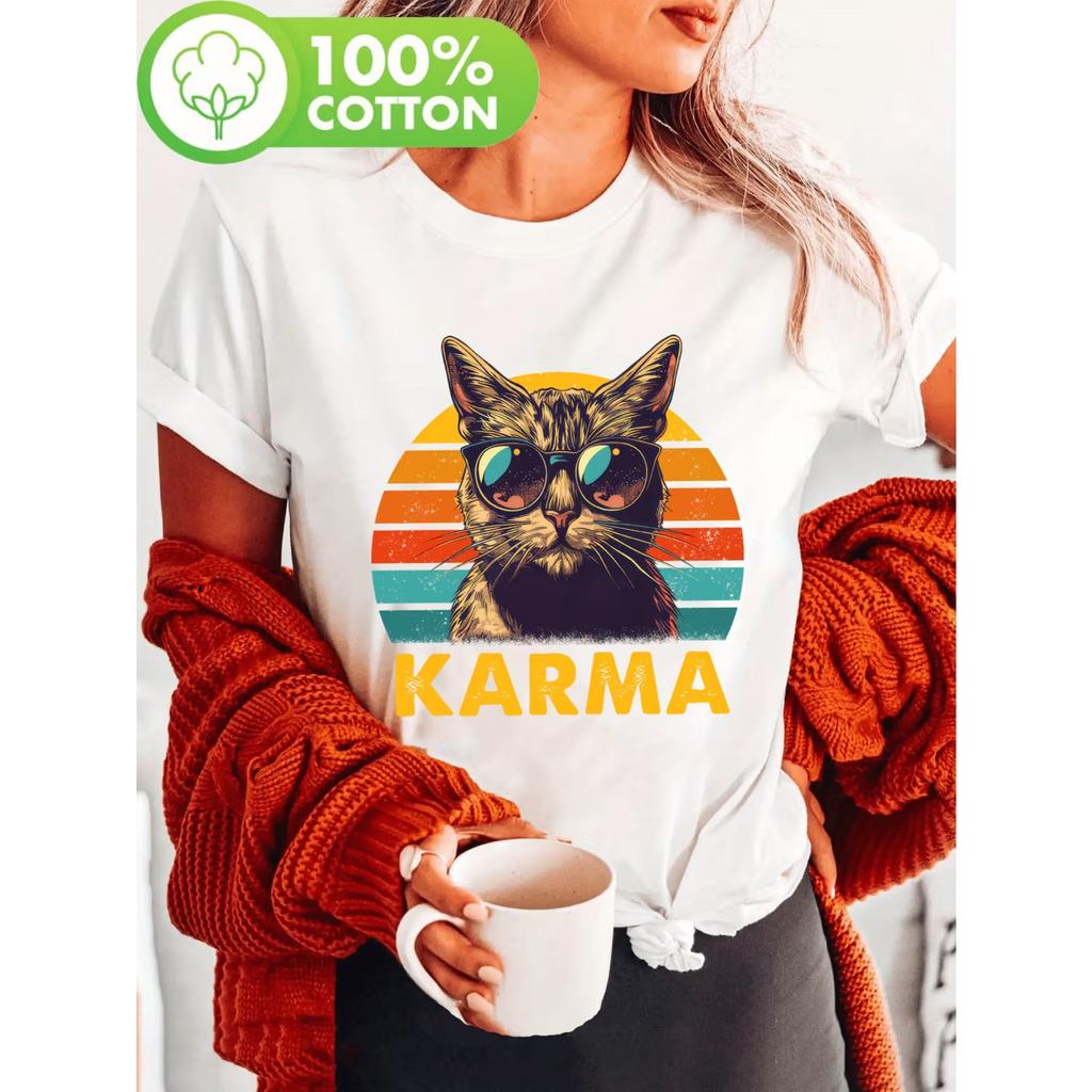 Glasses Yellow Cat, Vintage Cat Music Printed T-Shirt, Short-Sleeve Round Neck Casual Top, Suitable for Summer and Spring, Women'S Clothing