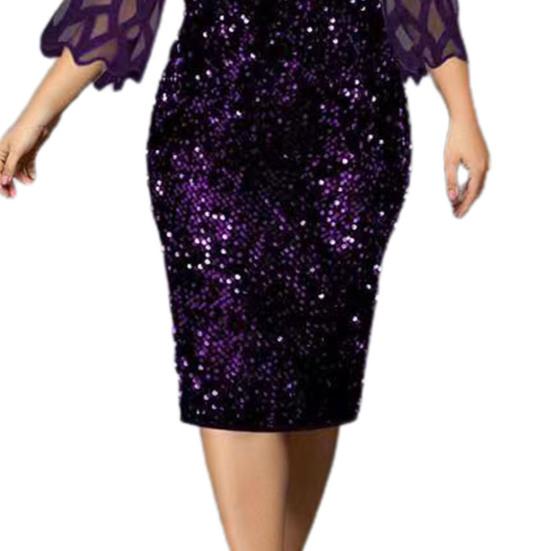 Dámské šaty Flitrové Síťované Prošívání Bodycon Duté 3/4 Rukáv O-výstřih Midi Šaty na Svatbu