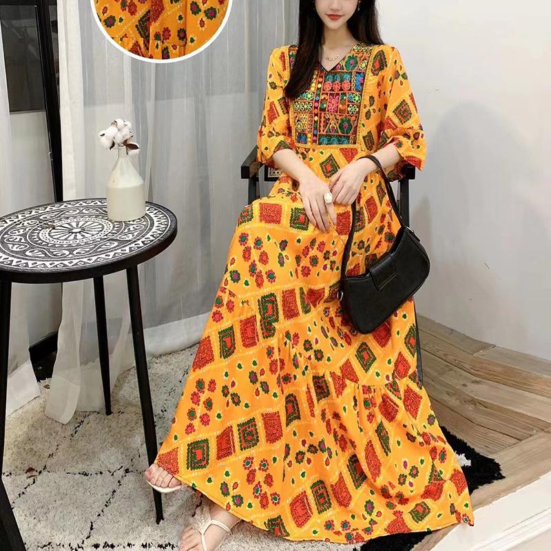 Rochie de vară pentru femei în stil etnic brodat, rochie de plajă cu flori din mătase din bumbac, în stil clasic, pentru vacanță turistică