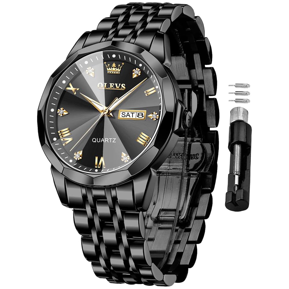 OLEVS Men s Diamond Quartz Analog Watch Black Waterproof Business Date Luminous
