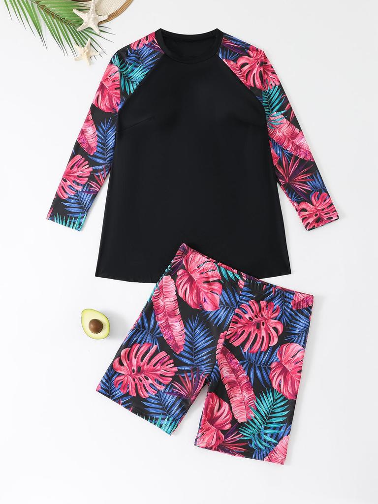 2025 European and American Plus Size Long Sleeve Two-Piece Tankini Swimsuit