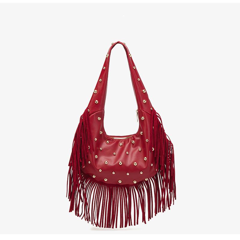 Yogodlns Fashion Personality Women's Underarm Bag Retro Leather Texture Tassel Rivet Bag Versatile Simple Trend Shoulder Bag