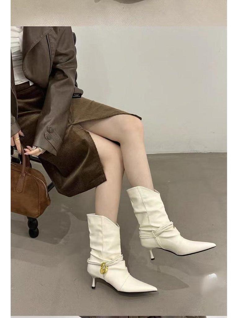 Koreanische Retro Spitzstiefel: Wildleder Stiletto Mid-Calf mit Metallschnalle, Herbst/Winter Kollektion 2025