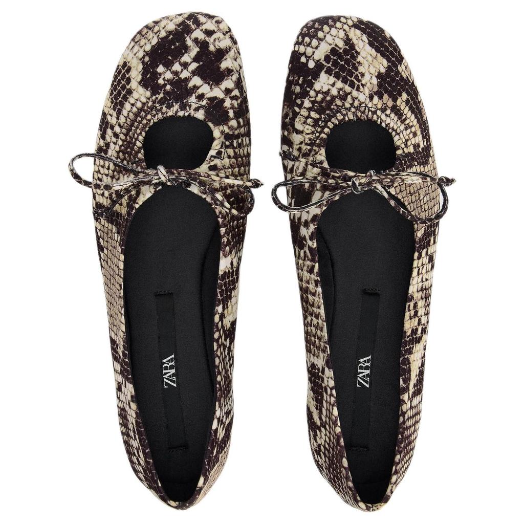 Zara Versatile Commuter Printed Pleated Bow Ballet Casual Flats 1cm Women Flats Snake-Print 13503510-38