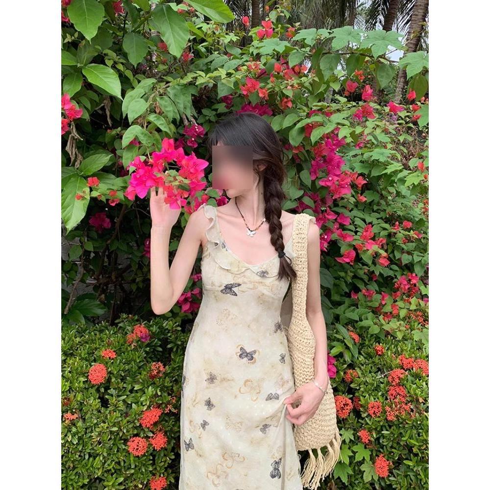 Foreign-style Women's Clothing Butterfly V-neck Flying Sleeves Slim-fitting and Thin Dress Floral Temperament Suspender Skirt Summer