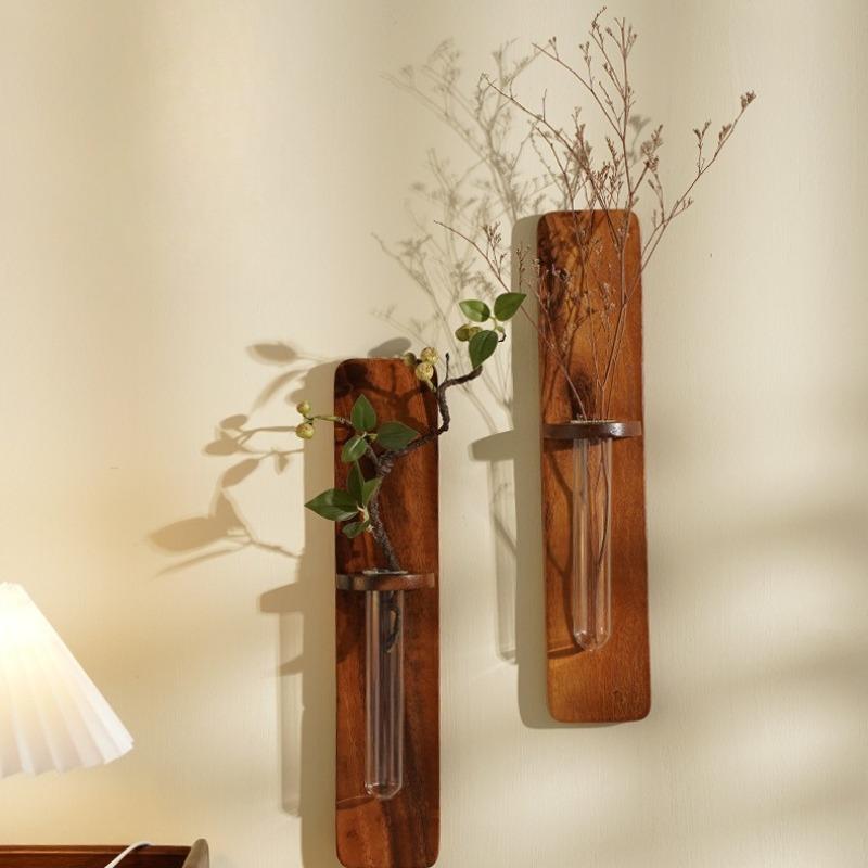No Drill Wall Mounted Flower Vase Walnut Wood Glass Hydroponic Planter Chinese Retro Style Home Art Decor Floral Arrangement
