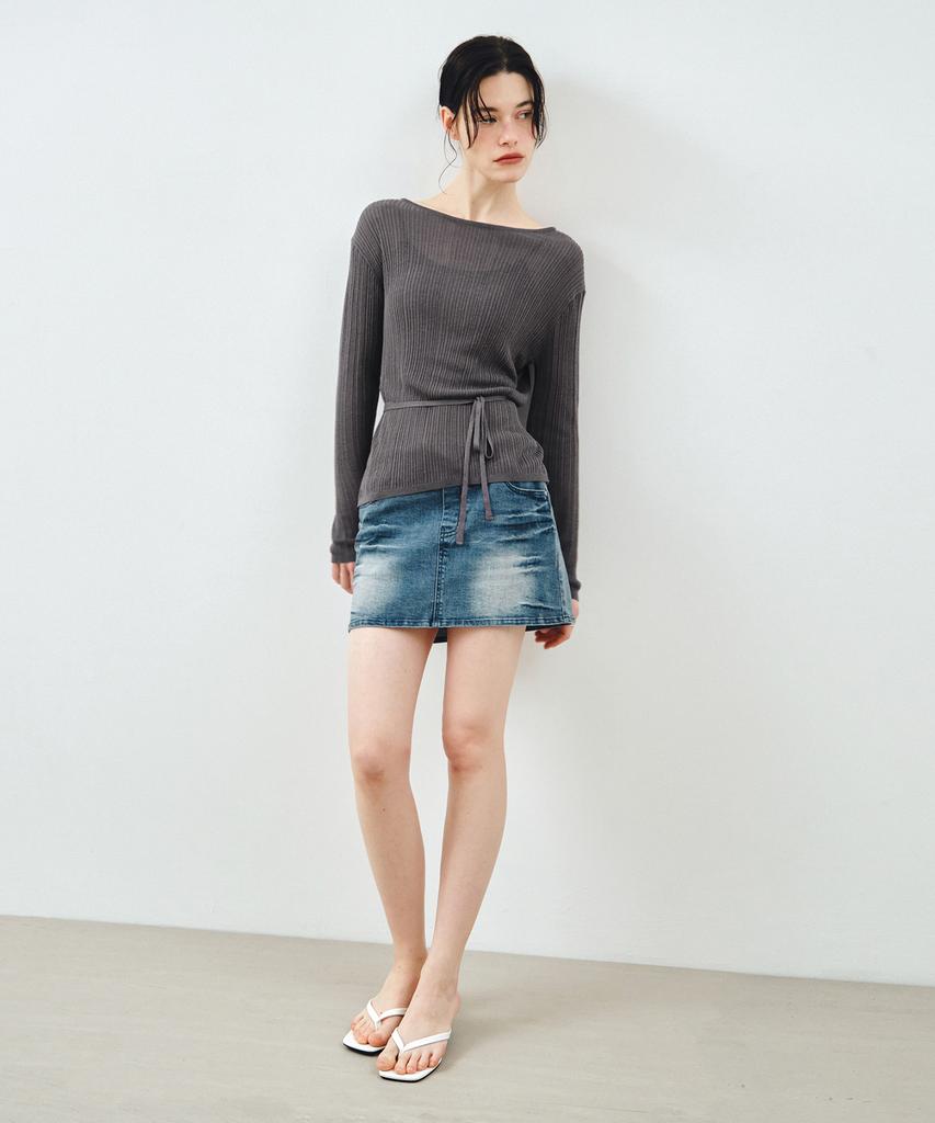MONGDOL See-Through Lace-Up Knit Blouse Charcoal Mdbl009Charcoal