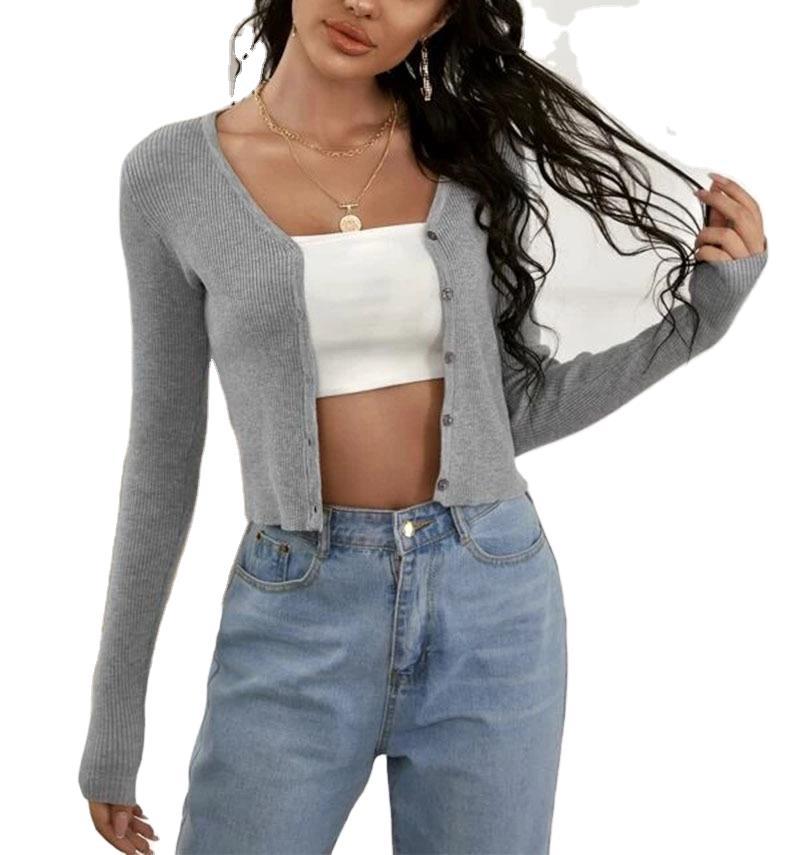 Autumn Winter Ribbed Strip Knitted Button Front Cardigan Women's Sweater Luxurious Relaxed-fit Slimming and Versatile Top