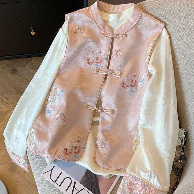 Embroidered Vest Women's Vintage Buckle Vest Acetic Acid Satin Jacquard Vest Vest Vest Vest