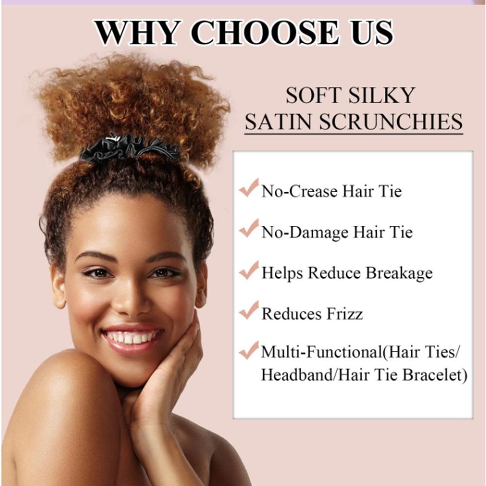 A95D-Scrunchies Adjustable Slip Black Satin Hair Ties For Thick Curly Natural Hair & Long Afro Ponytail Styles