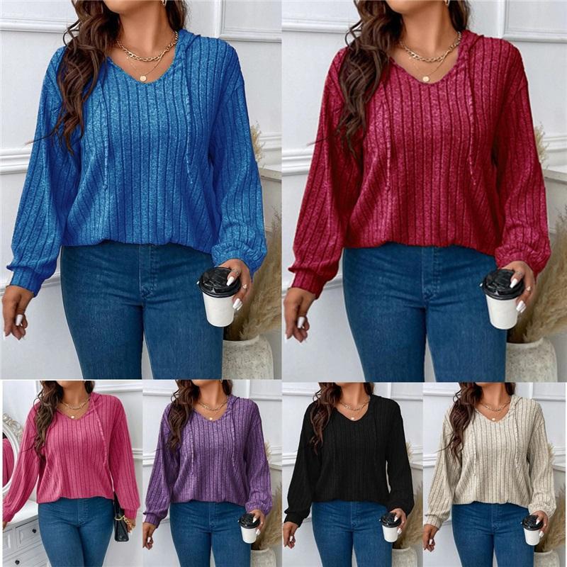 Pullover Women's Solid Color Large Size Comfortable Blouse V-neck Hooded Long-sleeved Pit Strip Brushed T-shirt Loose And Casual