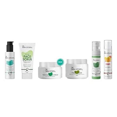 Набір для обличчя The Skin Story Moringa Glow | Освітлювальний та поживний комплекс для догляду за шкірою | Засіб для очищення, скраб, маска для обличчя, тонік, масажний крем, сонцезахисний крем