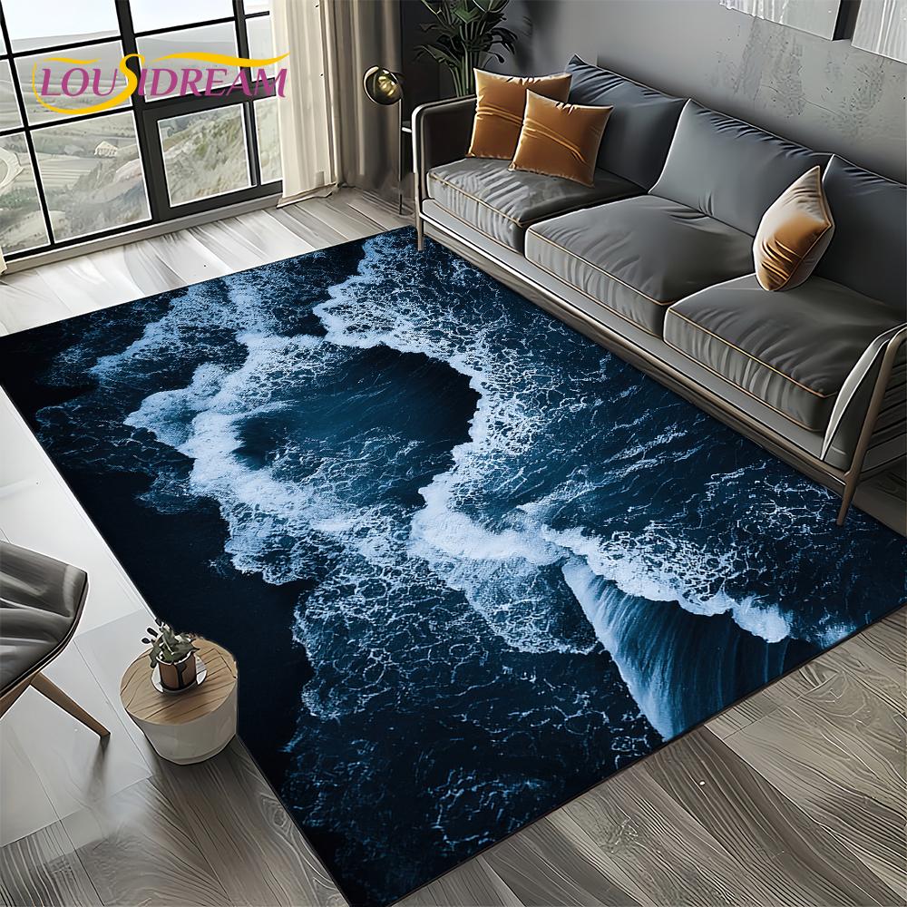 2025 New Style Blue Green Seawater Sea Wave Scenery Carpet Rug for Living Room Bedroom Home Sofa Decoration,Non-slip Floor Mat