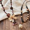 Handmade Wooden Flower Beaded Necklace Women Boho Chic Long Pendant Chain New Chinese Style Floral Statement Jewelry