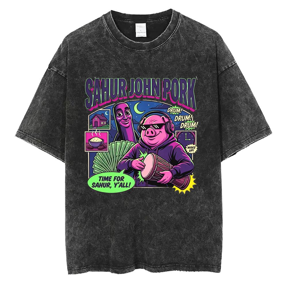 Washed Vintage Italian Brainrot John Pork Tung Tung Tung Sahur 67 Funny Meme T-shirt Casual Novelty Humor T Shirts Unisex
