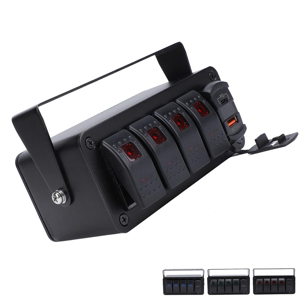 DC 12-24V 4 Gang Rocker Switch Panel with PD Type C QC3.0 USB Charger Waterproof Universal Fit for Car Truck Boat RV UTV ATV