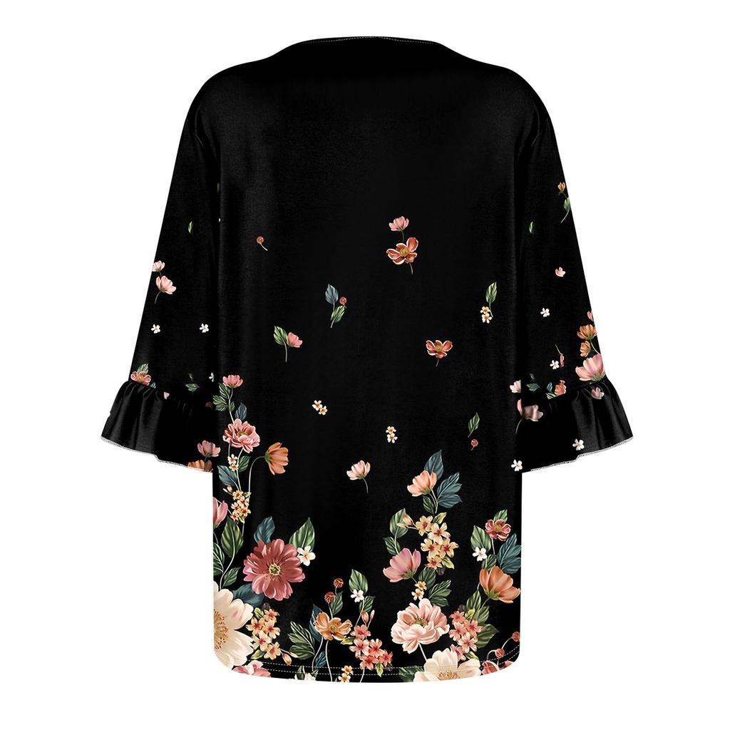 Women's Fashion Casual  Printed V-Neck Pleated Seven Minute Sleeve Ruffle Sleeve T-Shirt Plus Size Tops