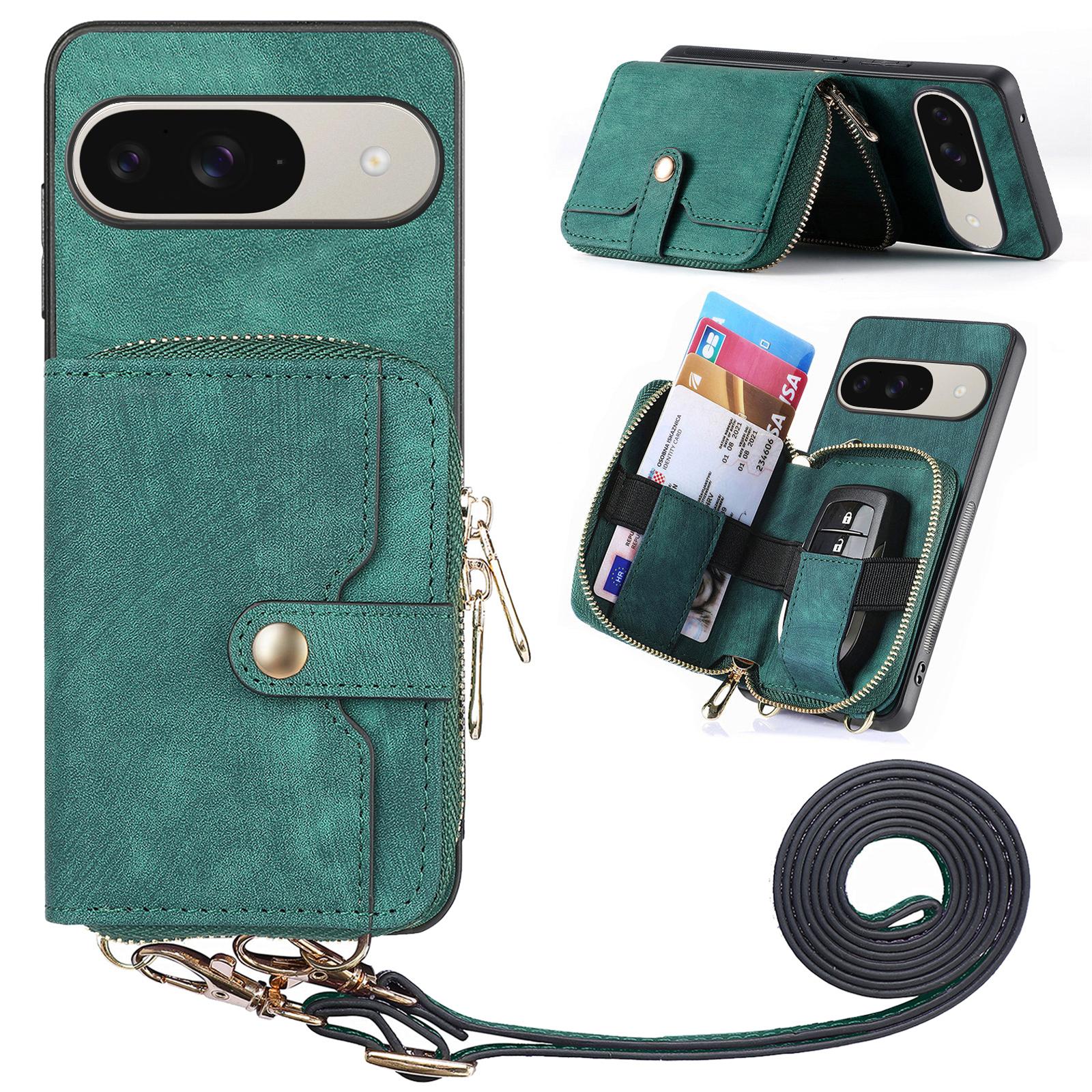 

For Google Pixel 10 PU Leather Phone Back Cover with Zipper Card Holder and Long Strap Green