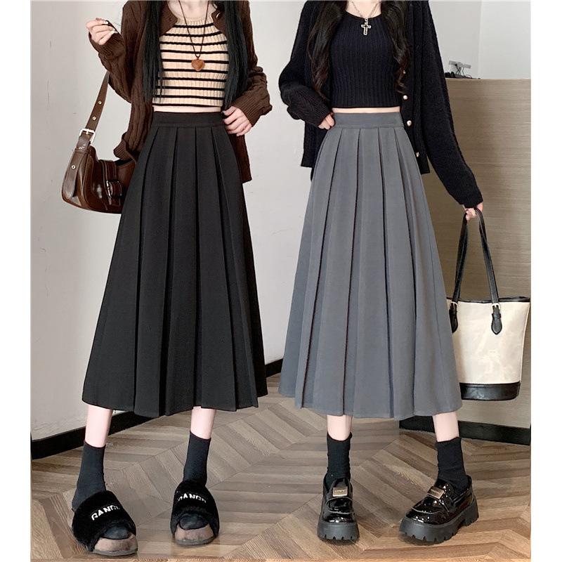 Chic Winter Wool Pleated A-Line Midi Skirt - Plus Size, Age-Reducing, Solid Color