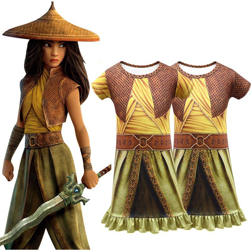 Vibrant Raya And The Last Dragon Girls Printed Short Sleeve Cosplay Fancy Dress Costume