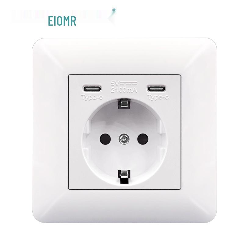 Curved White European Standard Socket Panel with Double USB & Type C, German Switch, Concealed Installation