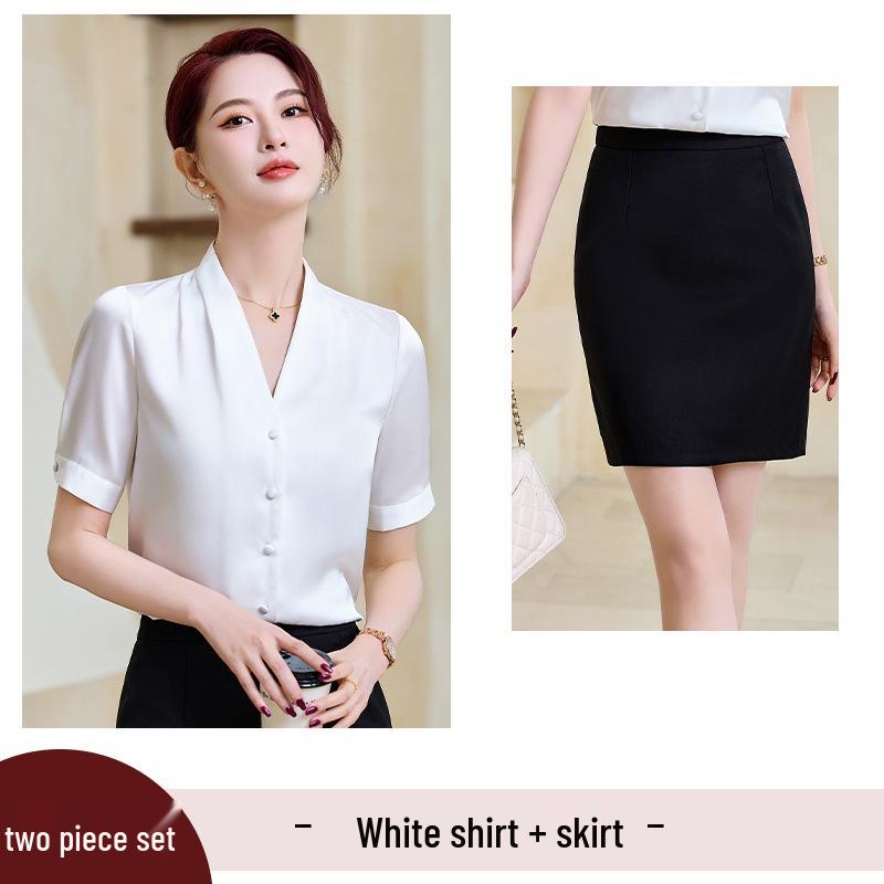 Women's Blue Chiffon V-Neck Shirt - Summer Short-Sleeve Professional Top