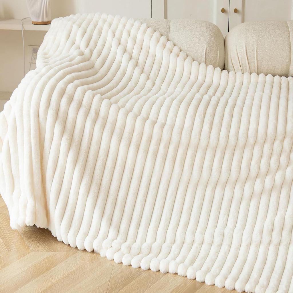 Ultra-Soft Faux Rabbit Fur Striped Throw Blanket - Double-Layered for Warmth, Ideal for Sofa or Bedroom.