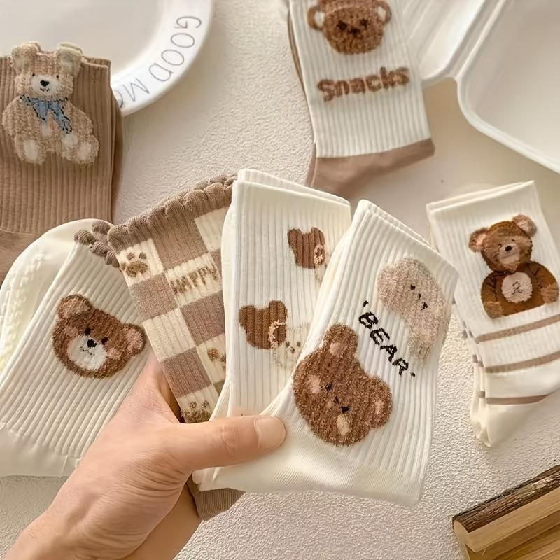 5 Pairs of Adorable Coffee-Colored Socks Women Comfortable Breathable Mid-Calf Socks with Playful Teddy Bear Designs Checkered Pattern Socks