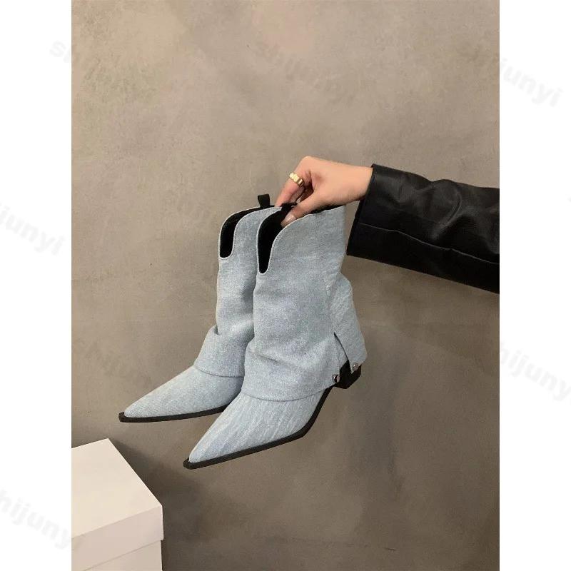 Fashion Vintage Women Western Cowgirl Boots Fashion Designer Elegant Pointed Trouser Boots Thick Heel Women's Modern Short Pants Booties