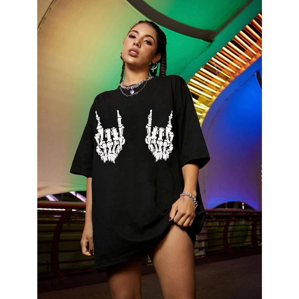Skull Print Drop Shoulder T-shirt Fashionable Women's T-shirt Summer Ladies' Daily Personality Trendy Wear