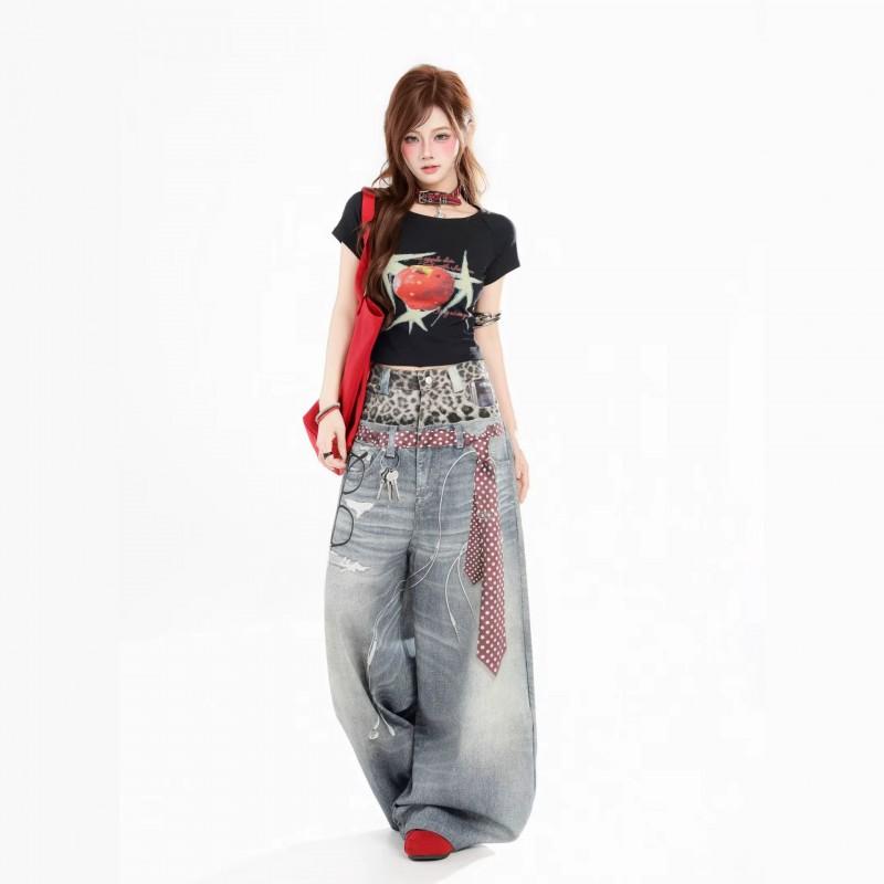 Unisex Wide Leg Denim Pants With 3D Print Leopard Patchwork Relaxed Fit Mid-Waist Stretch Cotton Jeans Streetwear