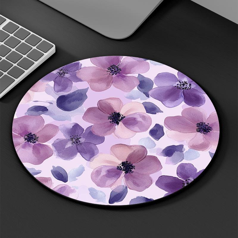 1pc Purple Floral Round Mouse Pad Non-Slip Rubber Surface Desk Accessories Desk Pad Pc Setup Accessories Mouse Mat Rug Computer