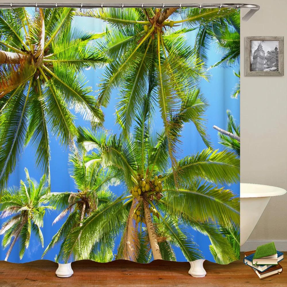 Beach Shower Curtain Waterproof Home Decoration Curtain 3D Palm Tree Seaside Beach Landscape Printed With Hooks Bathroom Curtain