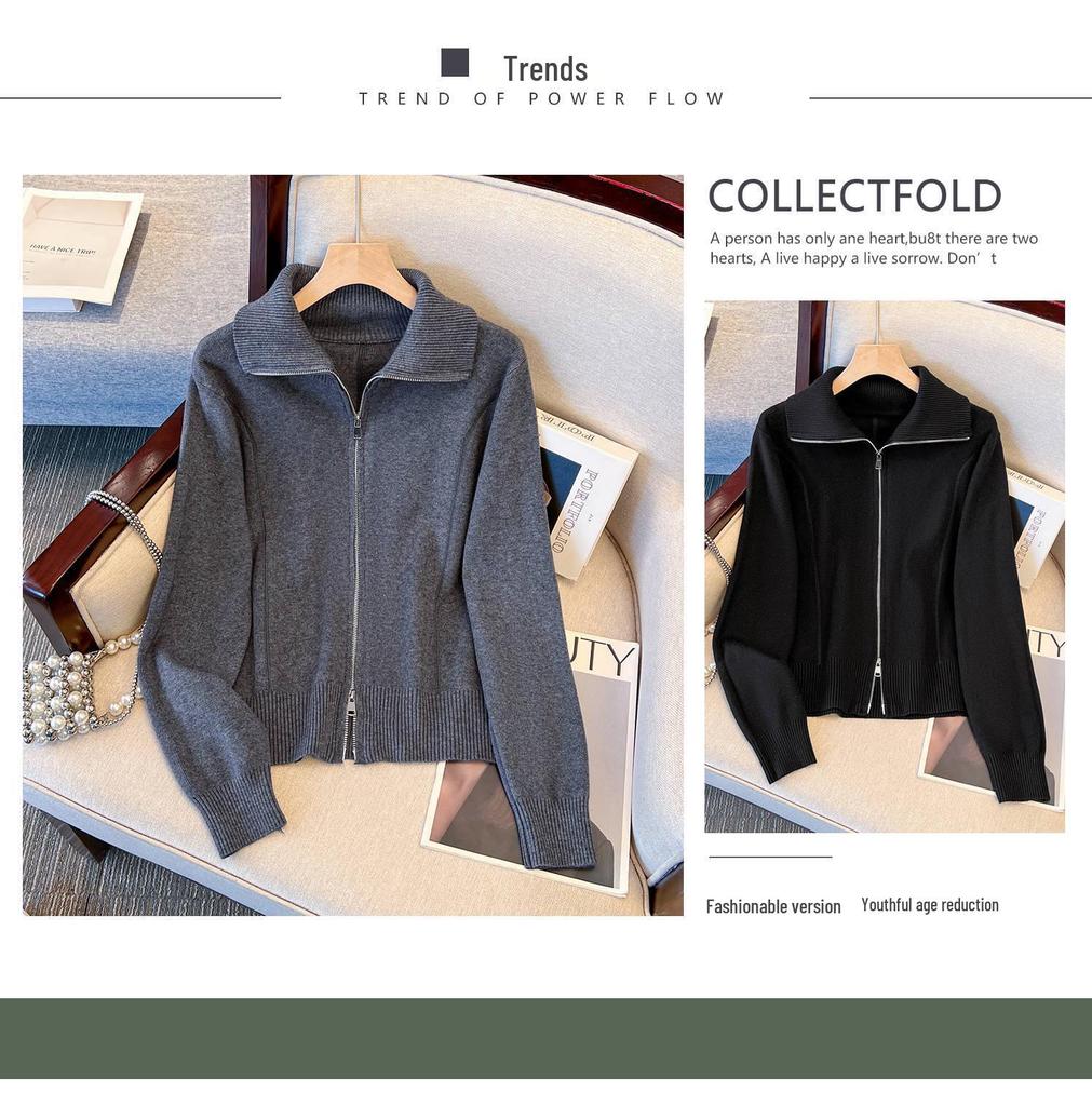 Women's Gray Knitted Stand Collar Zipper Cardigan Jacket - 2026 Spring/Winter Style, Versatile as Inner or Outer Wear, Short Top.