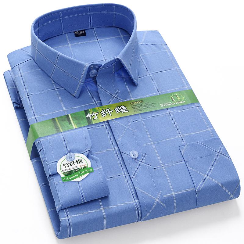 Bamboo Fiber Men Shirt Long Sleeve Elastic Anti-wrinkle Regular Fit business Formal Social pink Blue Striped checkered print 4XL