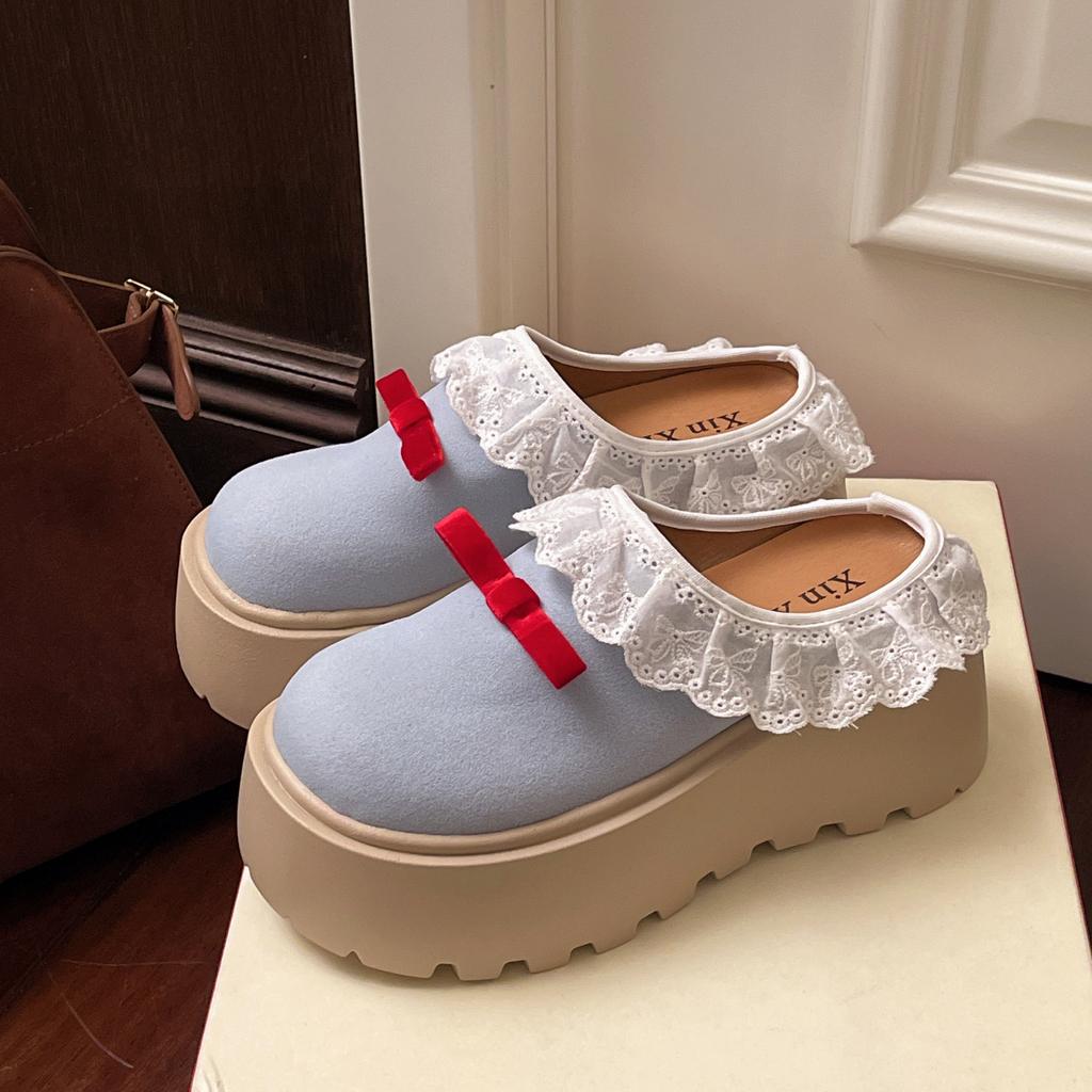 2025 Spring Bow Bag Head Half Slippers Women's New Platform Lace Edge Loafers Heightening Versatile Muffin Shoes