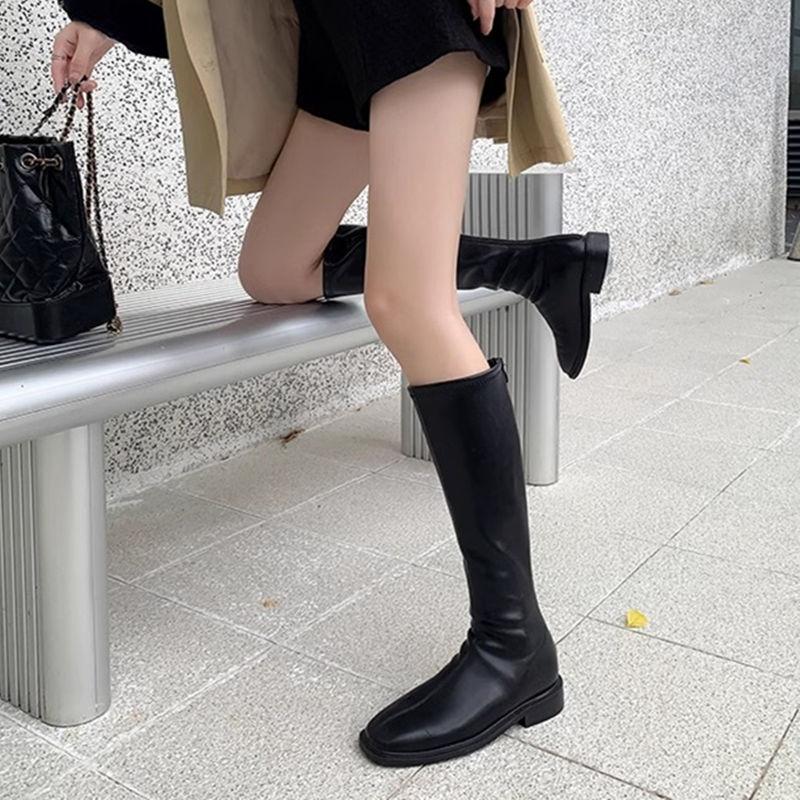 

Женские высокие сапоги с квадратным носком, осенне-зимние сапоги до колена, белые сапоги на плоской подошве с эластичной голенью 40
