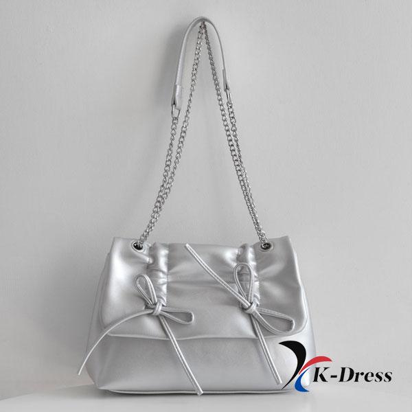 Loving Ribbon Leather Chain Shirring Square Flap Crossbody Shoulder Bag (4 Colors)
