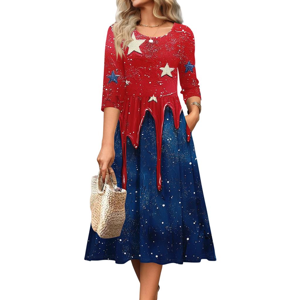 Women's Casual Round Neck Midi Dress Three Quarter Sleeve Waist Cinched Independent Day Style Spring Autumn Dress