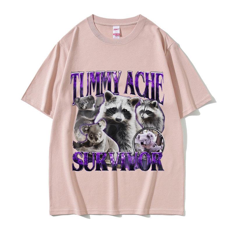 Tummy Ache Survivor Vintage Raccoon Funny Meme Tshirt Unisex Women Casual Cotton Oversized Streetwear Unisex Vintage Short Sleeve