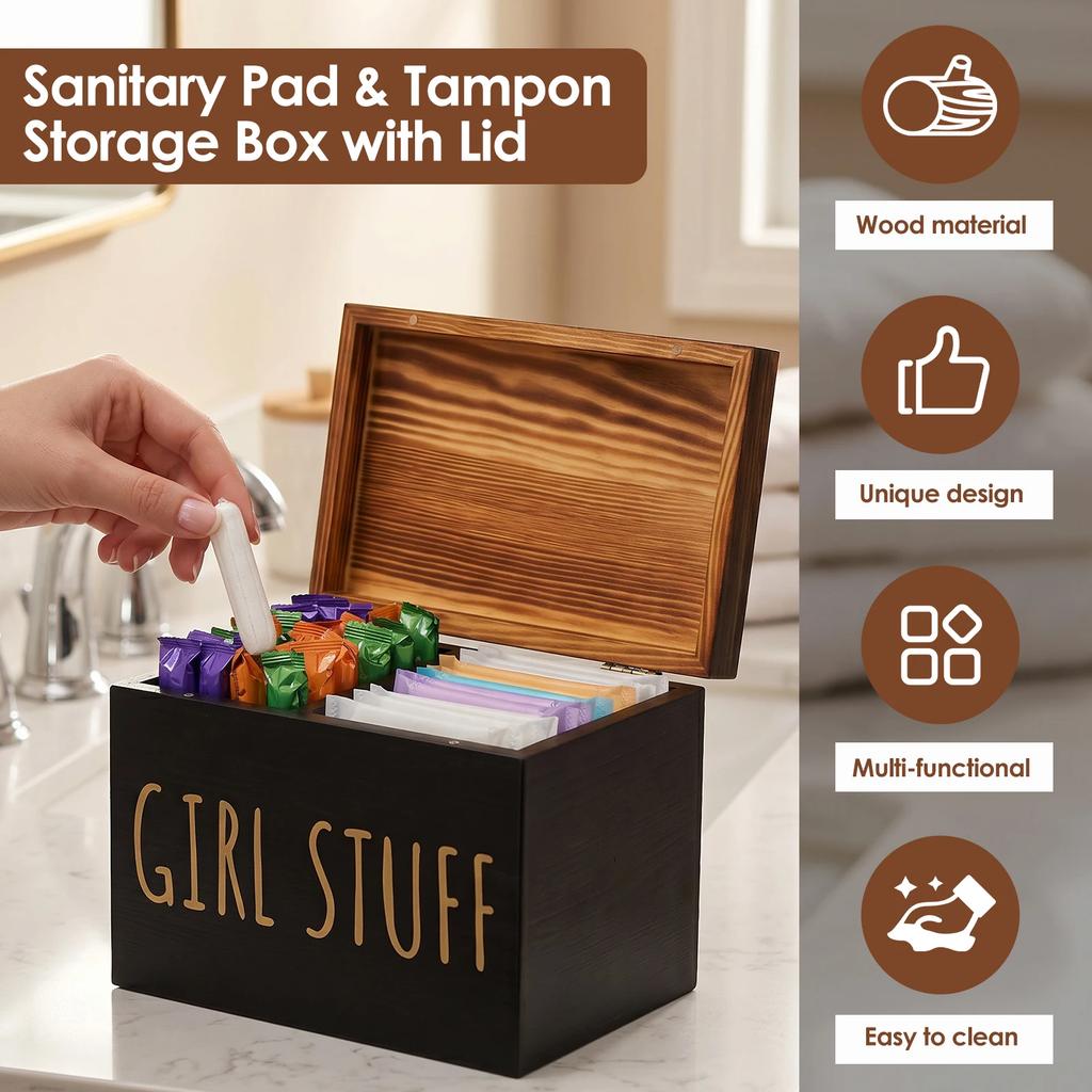 Wooden Tampon Holder Container Feminine Product Storage Box with Lid Multi-purpose Sanitary Napkin Organizer Box for Bathroom