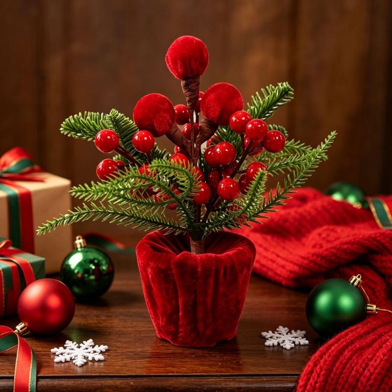 Christmas Shelf Ornament Fabric Potted Plant Table Decoration for Entryway Tables, Desk Styling and Holiday Dining Rooms Home