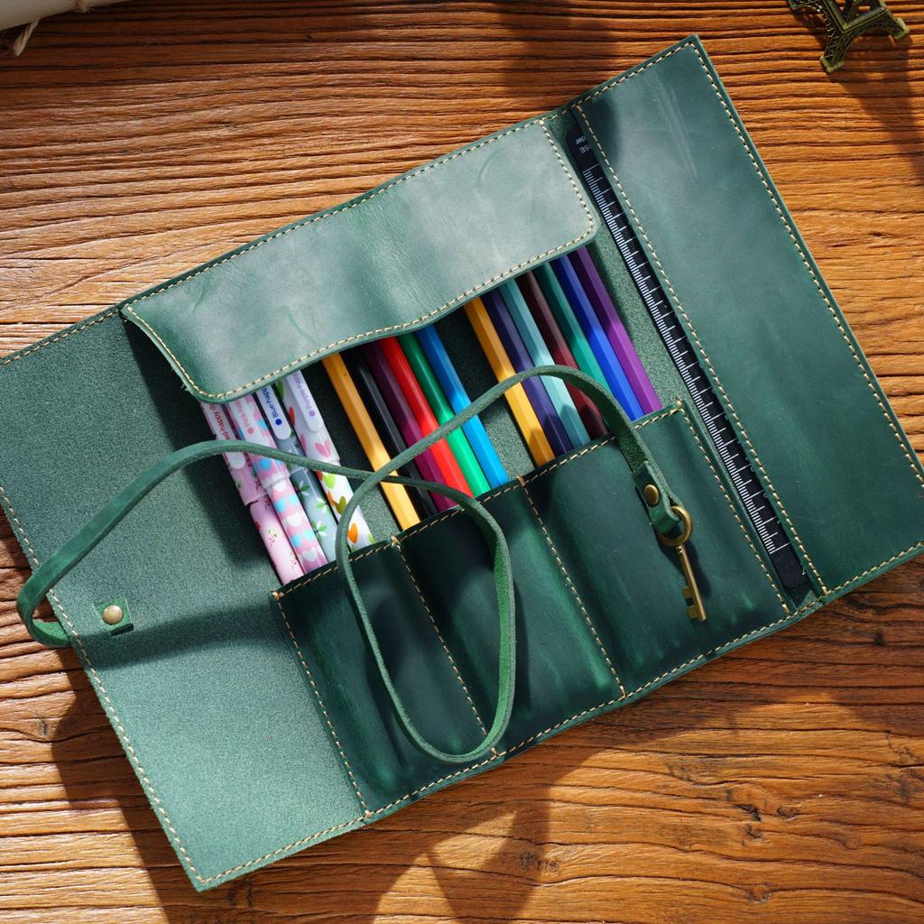 Vintage Foldable Brush Roll Pencil Cases Durable Crazy Horse Cow Leather Pen Organizer Fountain Pen Pouch Holder Zipper Closure