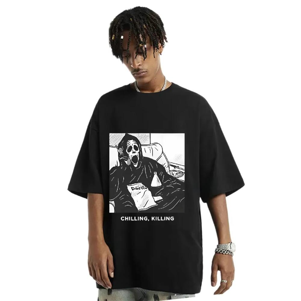 Grim Reaper Skull Prints Men's Cotton Tee Clothing Creativity All-match Short Sleeve Fashion Casual Loose Tops Men T-Shirt
