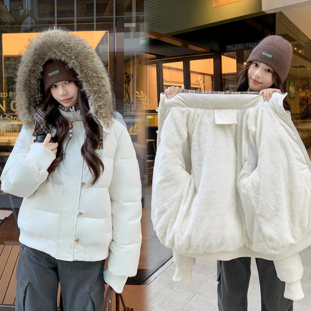 American versatile retro big fur collar removable hat cotton clothes women's winter new short thickened warm cotton clothes
