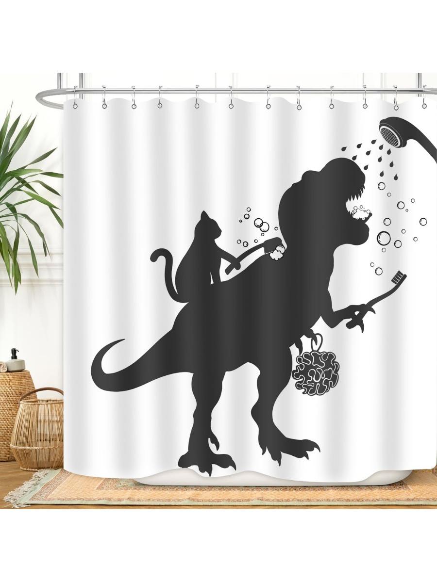 

Cat Dinosaur Shower Curtain Funny Cartoon Cat Dino Bathe For Kids Boys Silhouette Shadow Black White Design Artwork Bathroom W60H190(CM)-1 Pcs