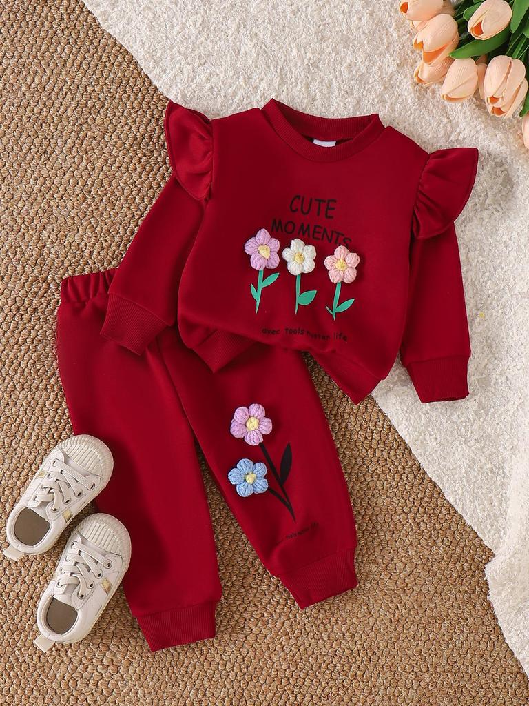 Vinröd Huvtröja med Långa Ärmar och Byxset för Flickor - Europeisk & Amerikansk Stil