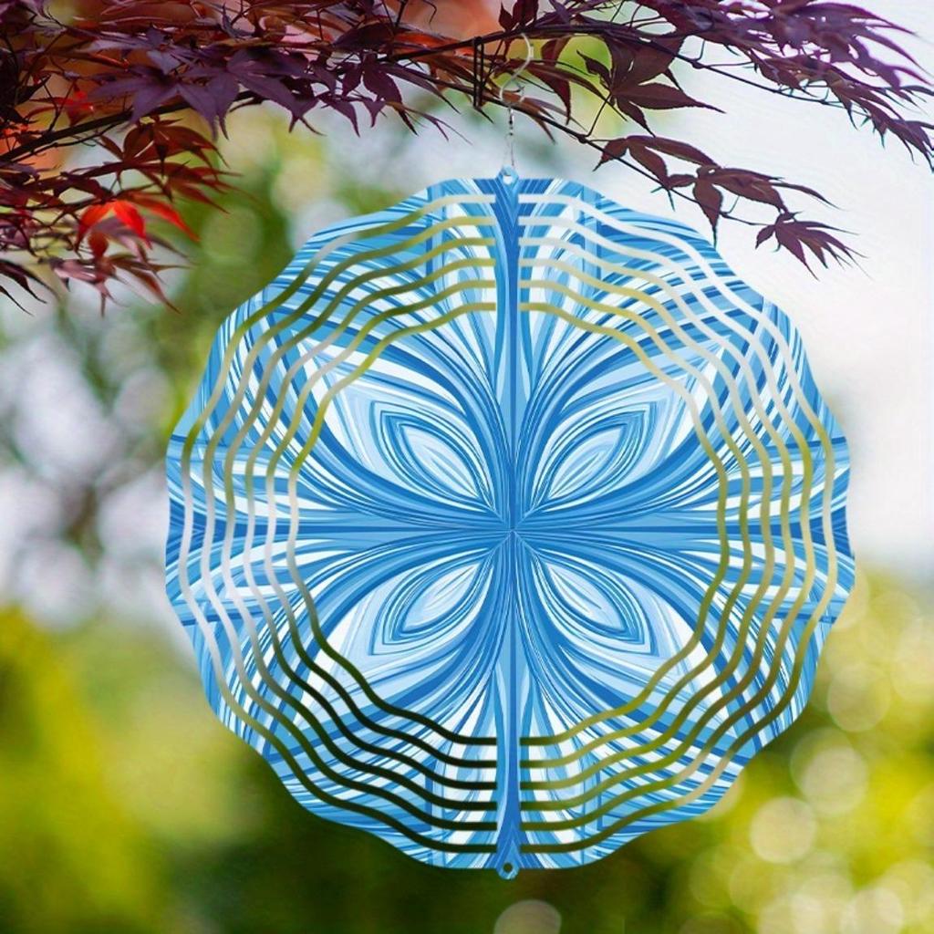 Blue and White Metal Wind Spinner 10 Inch for Garden Decor Outdoor Courtyard Lawn Porch with Rotating Hook for Halloween Christmas Thanksgiving