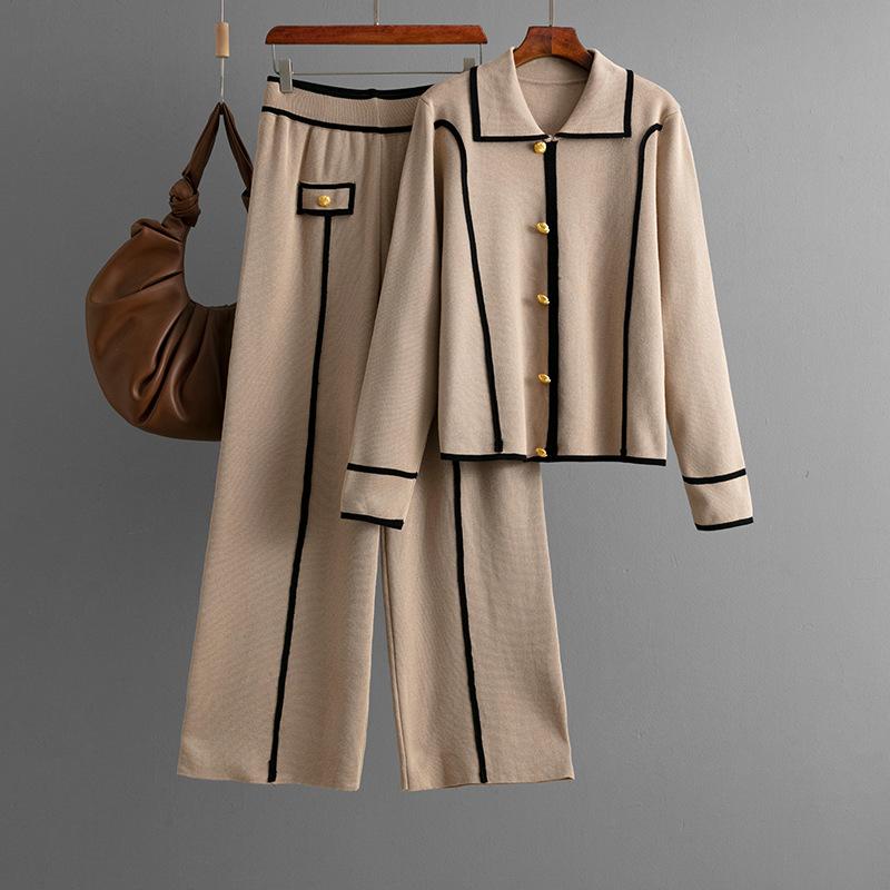 Autumn and winter new knitted fashion suit women's casual olo collar sweater wide-leg pants two-piece set