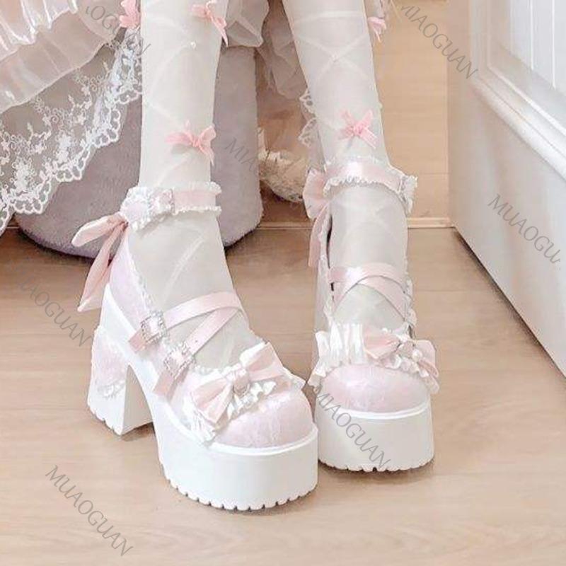 Gothic Sweet Lolita Heels for Women Chunky Platform Bowknot Buckle Strap Pumps Fashion High Heels Lace Mary Jane Shoes